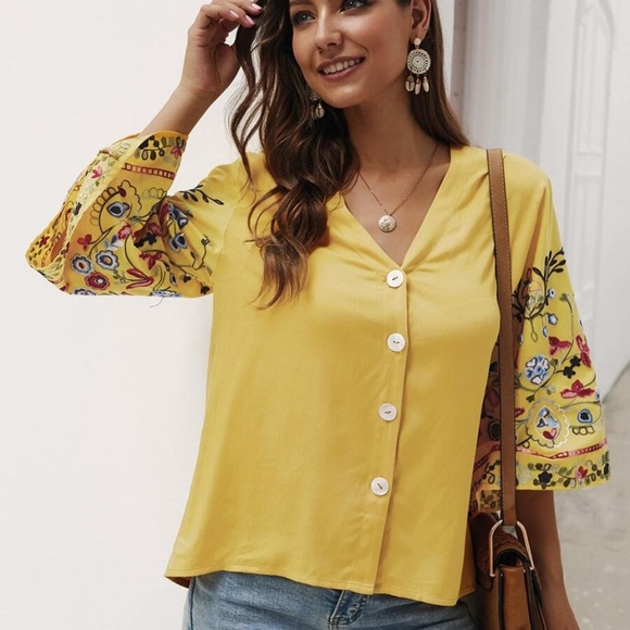 RONNIE Embroidered Sleeve Button down Blouse - Picture 4 of 6